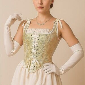 New Small Ivory Gold Metallic Jacquard Lace Up Sweetheart Corset Bustier Regency